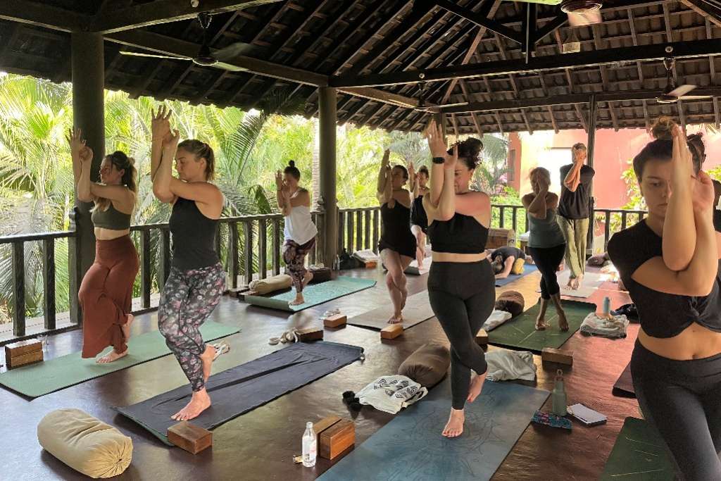 A group of people practices yoga in a spacious open-air pavilion surrounded by lush greenery, performing balancing poses with focus and concentration.